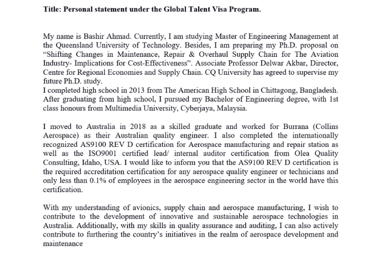 Personal Statement  under the global talent visa program
